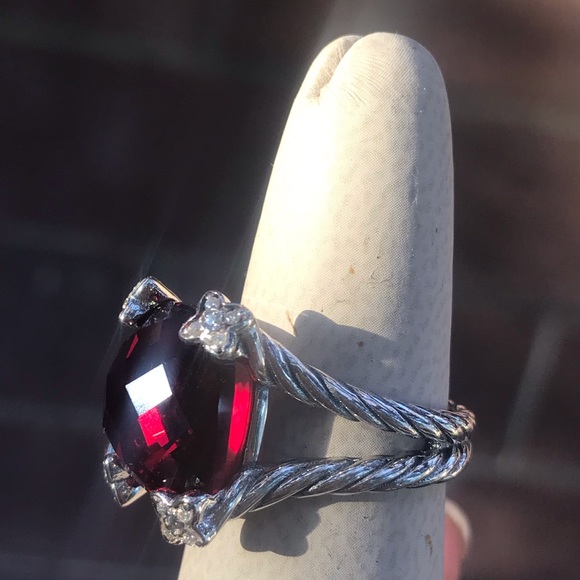 David Yurman S Silver Cushion On Point 14mm Garnet Red & Diamond Ring Sz 6.75 - Picture 9 of 13